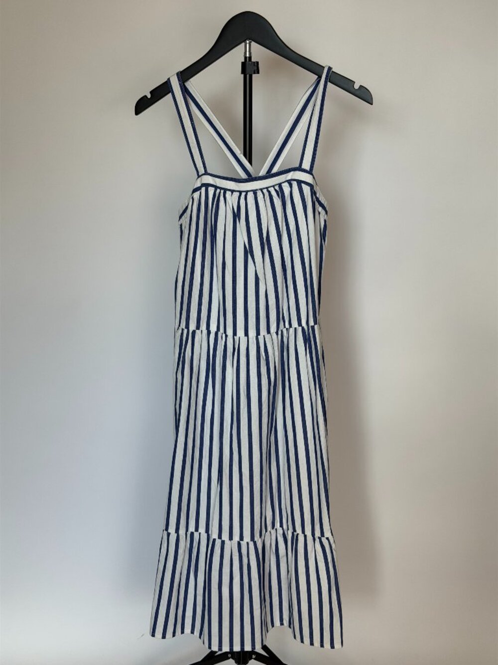 Blue White Striped Tiered Midi Dress